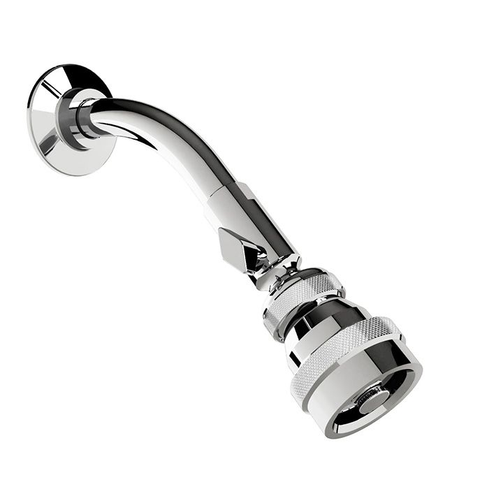 Regadera con brazo y chapetón de chorro fijo de limpieza automática, con válvula de control que restringe el volumen de agua, Cromo.