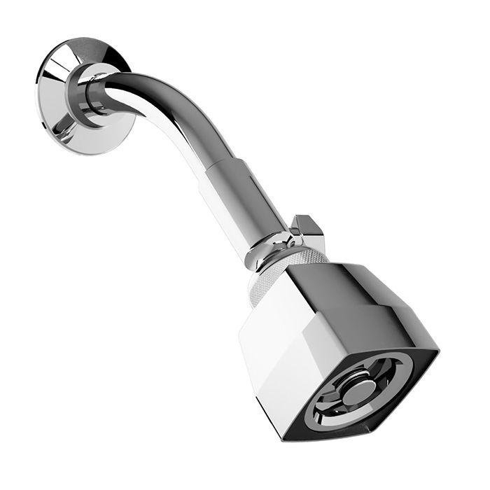 Regadera con brazo y chapetón de chorro fijo de limpieza automática con válvula de control que restringe el volumen de agua, Cromo.