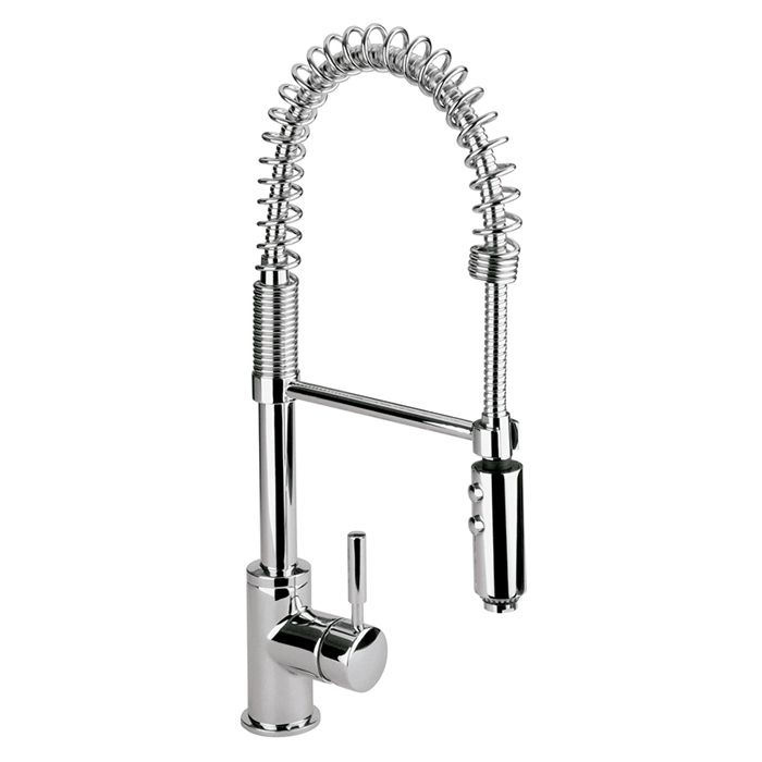 Monomando para fregadero. Profesional con re- sorte, con sistema anticalcáreo y 2 tipos de chorro: aireado y spray. Gourmet Cromo.