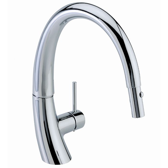 Monomando para fregadero. Manguera retráctil, con sistema anticalcáreo y 2 tipos de chorro: aireado y spray. Curvo Cromo.