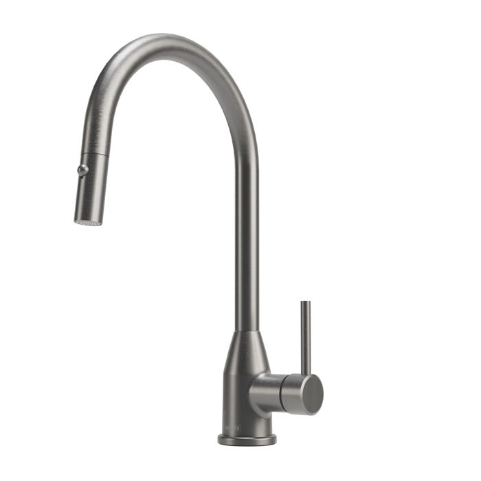 Monomando para fregadero. Manguera retráctil, con sistema anticalcáreo y 2 tipos de chorro: aireado y spray. Kampa Titanium.