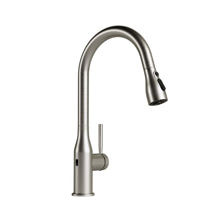 Monomando para fregadero. Electrónico con sensor lateral de baterías, manguera retráctil, con sistema anticalcáreo y 3 tipos de chorro: aireado, spray y jet. Práctika Acero Inoxidable.