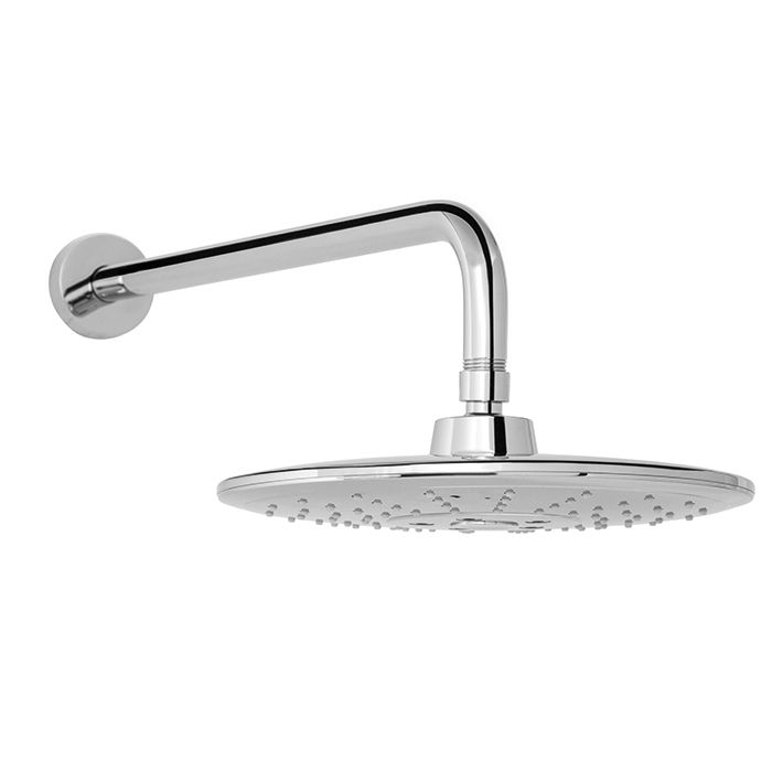 Regadera redonda con brazo y chapetón multichorro con botón de cambios (3 tipos de chorro) con sistema anticalcáreo plato ancho 10", Cromo. H-3302-C/B