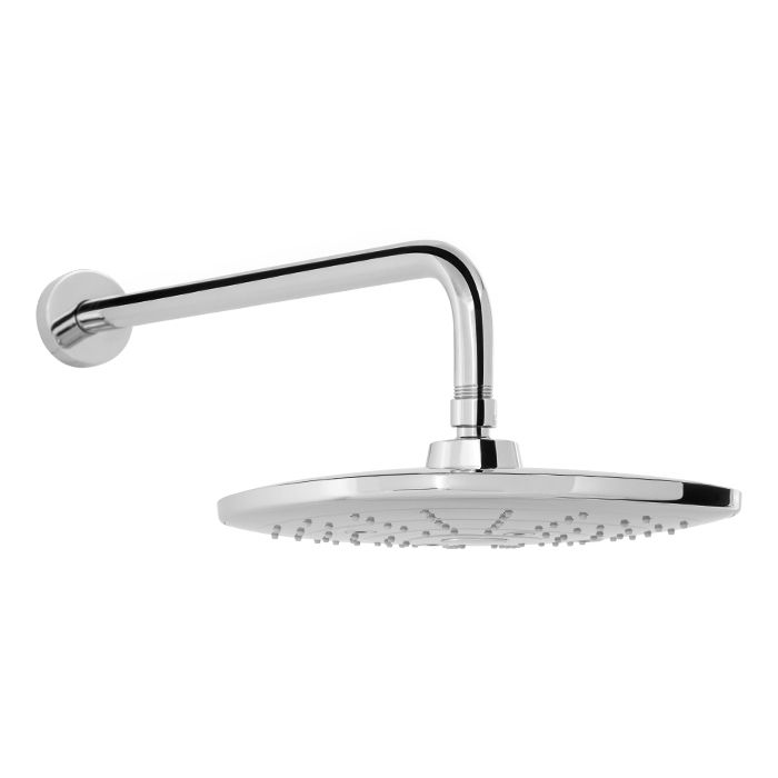 Regadera cuadrada con brazo y chapetón multichorro con botón de cambios (3 tipos de chorro) con sistema anticalcáreo plato ancho 10", Cromo. H-3303-C/B