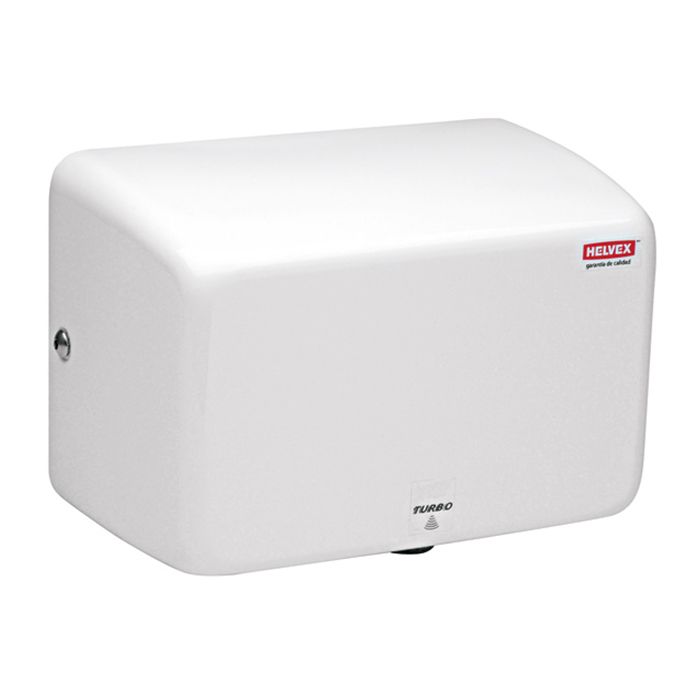 Secador de manos turbo con sensor de corriente, blanco. Tiempo estimado de secado: Menor a 15 s. Tiempo de apagado de seguridad: 60 s.