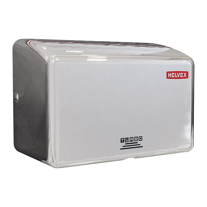 Secador de manos turbo con sensor de corriente. Acero inoxidable brillante. Tiempo estimado de secado: menor a 15 s. Tiempo de apagado de seguridad: 60 s.