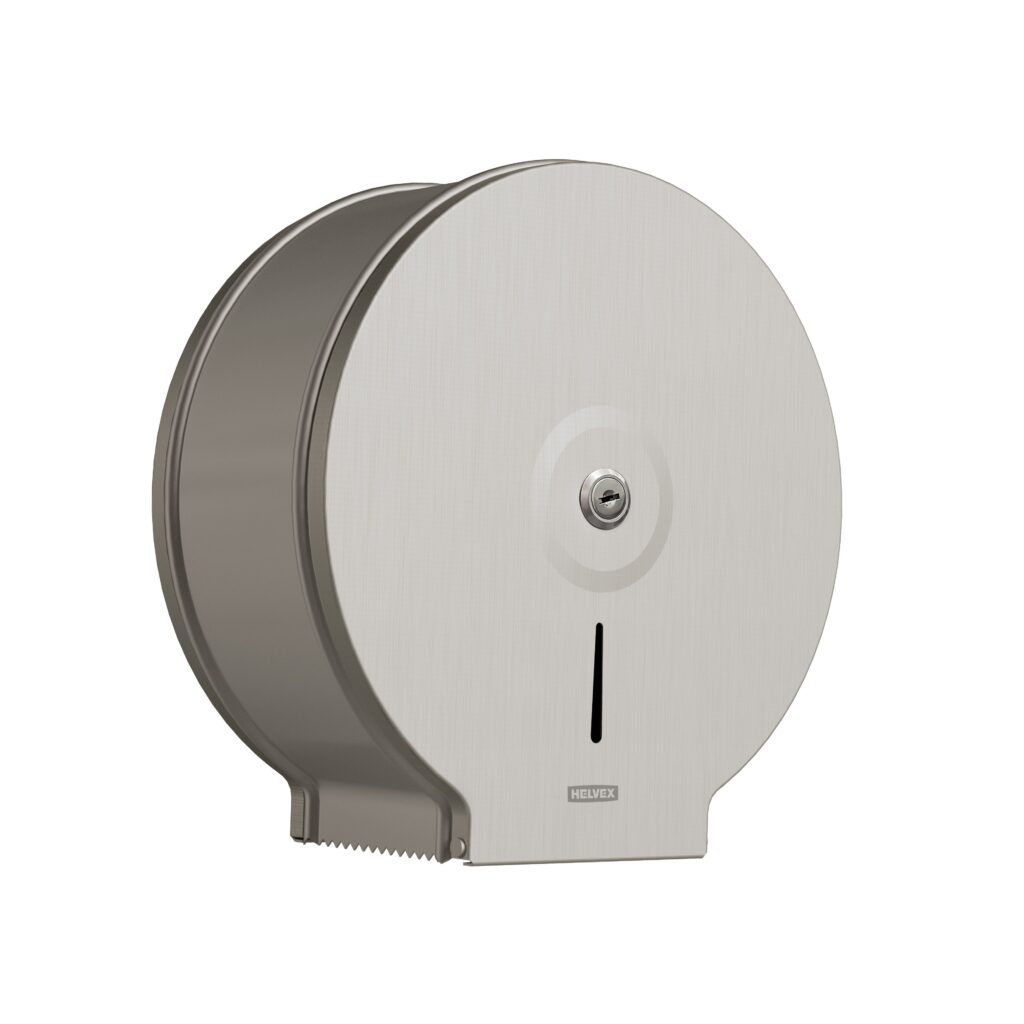 Dispensador de papel higiénico de rollo 252 mm de diámetro por 116 mm de ancho para rollos de 23 cm, de hasta 10 cm de ancho. Acero inoxidable.
