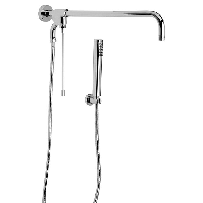 Regadera manual con desviador de varilla, chorro fijo con sistema anticalcáreo. Incluye brazo angular para regaderas de plato ancho (no incluida), Cromo.