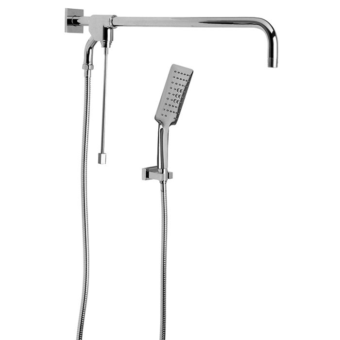 Regadera manual con desviador de varilla, multichorro (3 tipos de chorro) con sistema anticalcáreo. Incluye brazo angular para regaderas de plato ancho (no incluida), Cromo.