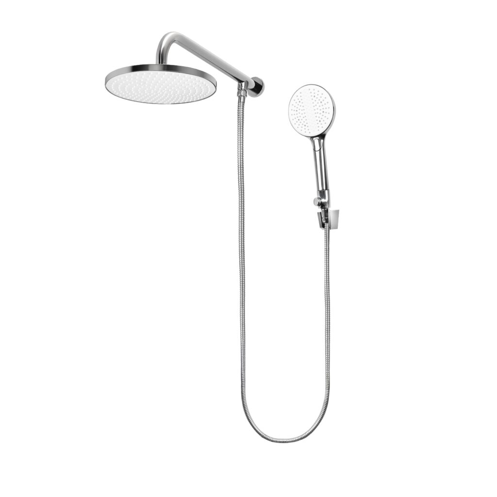 Regadera fija 9" y manual con botón desviador multichorro (3 tipos de chorro) con sistema anticalcáreo Cromo.