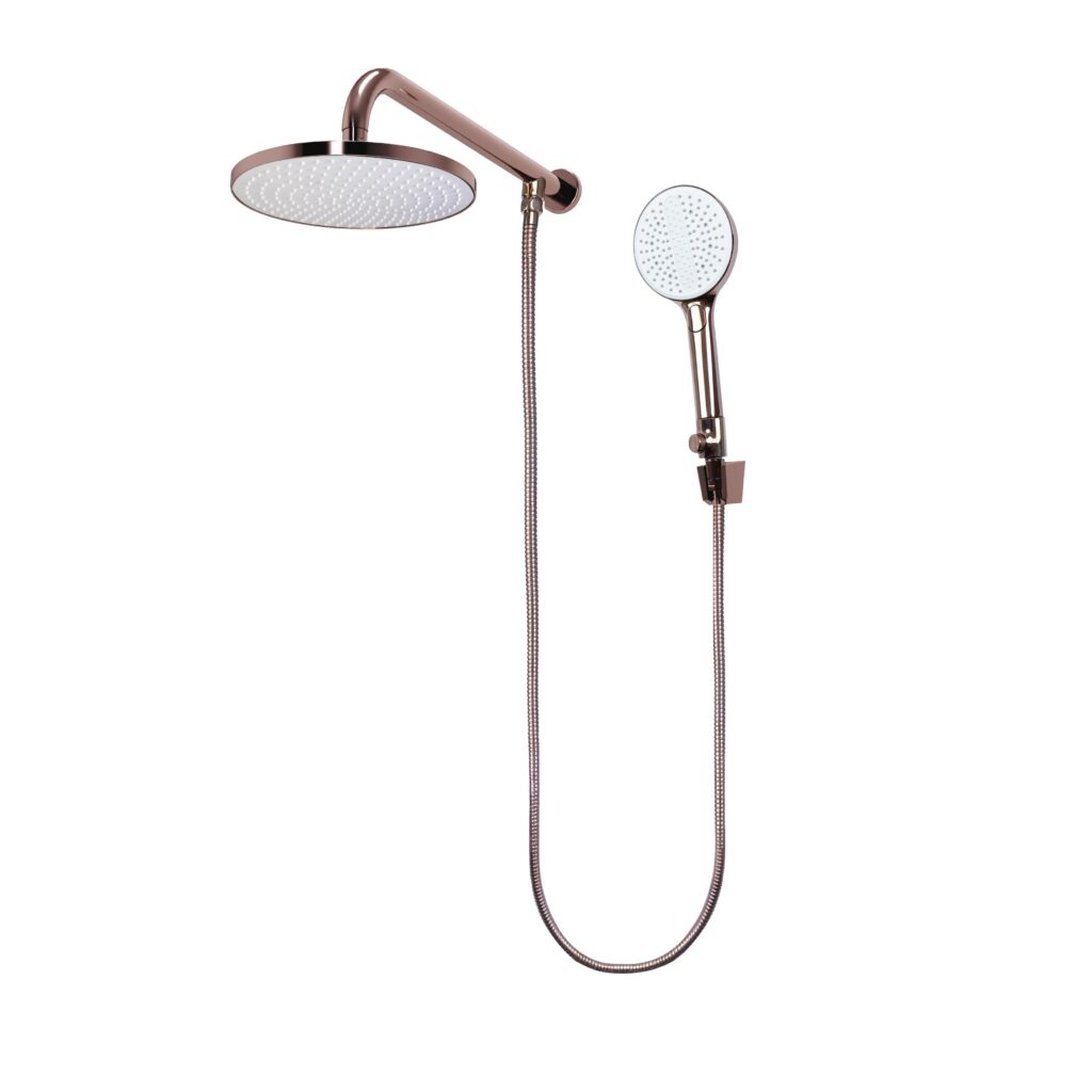 Regadera fija 9" y manual con botón desviador multichorro (3 tipos de chorro) con sistema anticalcáreo Aura.