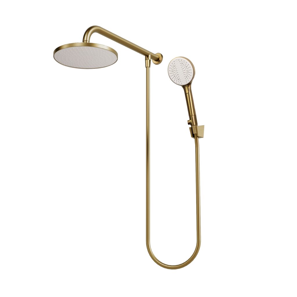 Regadera fija 9" y manual con botón desviador multichorro (3 tipos de chorro) con sistema anticalcáreo Duna.