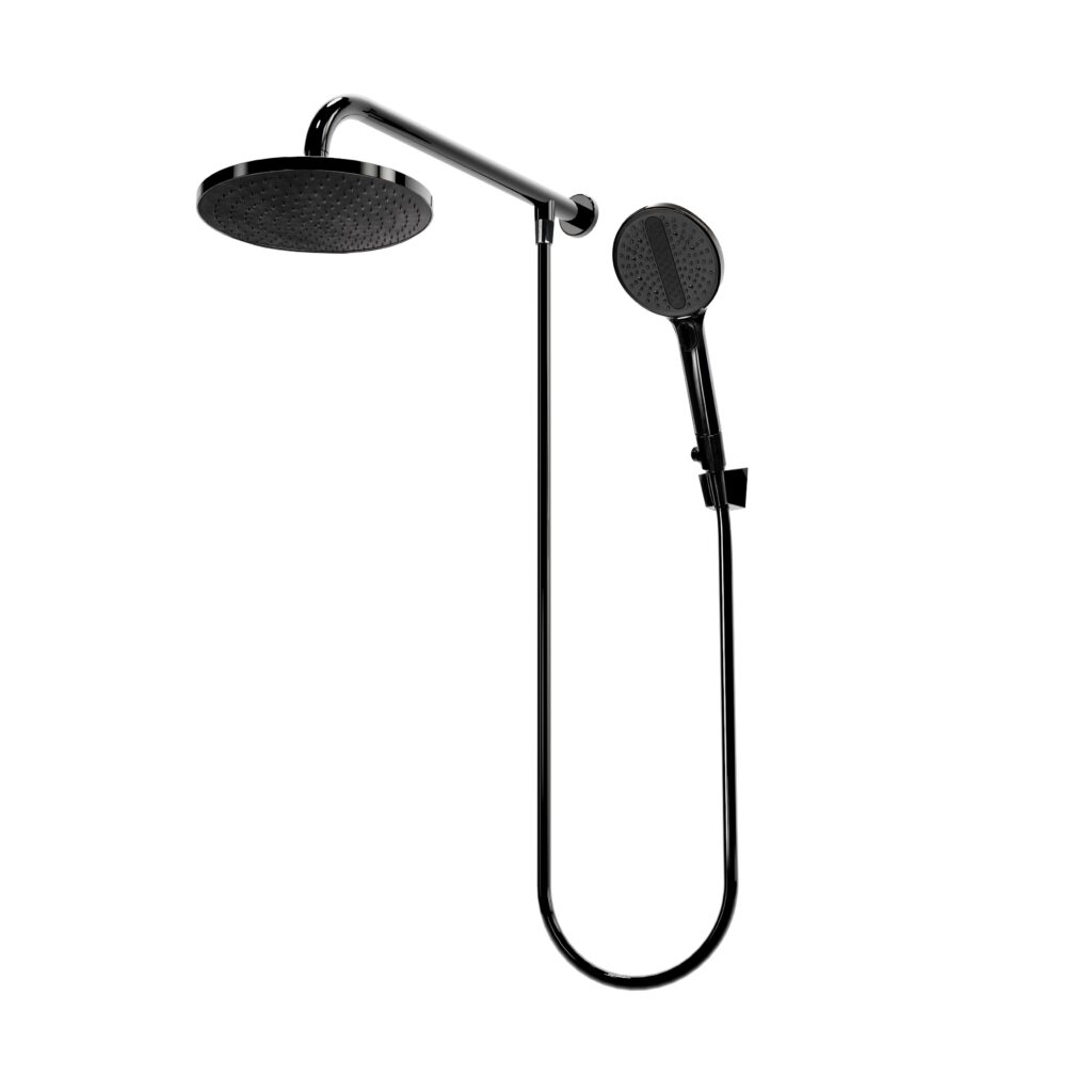 Regadera fija 9" y manual con botón desviador multichorro (3 tipos de chorro) con sistema anticalcáreo Obsidiana.