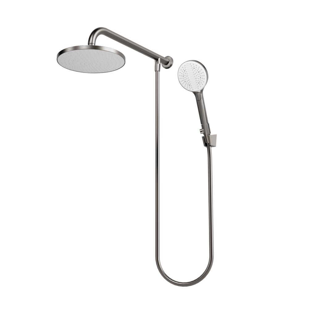 Regadera fija 9" y manual con botón desviador multichorro (3 tipos de chorro) con sistema anticalcáreo Titanium.